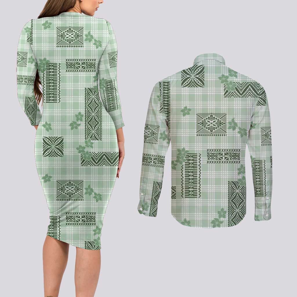 Hawaiian Quilt Tapa On Pastel Mint Palaka Motifs Couples Matching Long Sleeve Bodycon Dress and Long Sleeve Button Shirt LT7 - Polynesian Pride