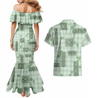 Hawaiian Quilt Tapa On Pastel Mint Palaka Motifs Couples Matching Mermaid Dress and Hawaiian Shirt