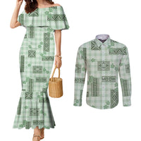 Hawaiian Quilt Tapa On Pastel Mint Palaka Motifs Couples Matching Mermaid Dress and Long Sleeve Button Shirt LT7 Mint - Polynesian Pride