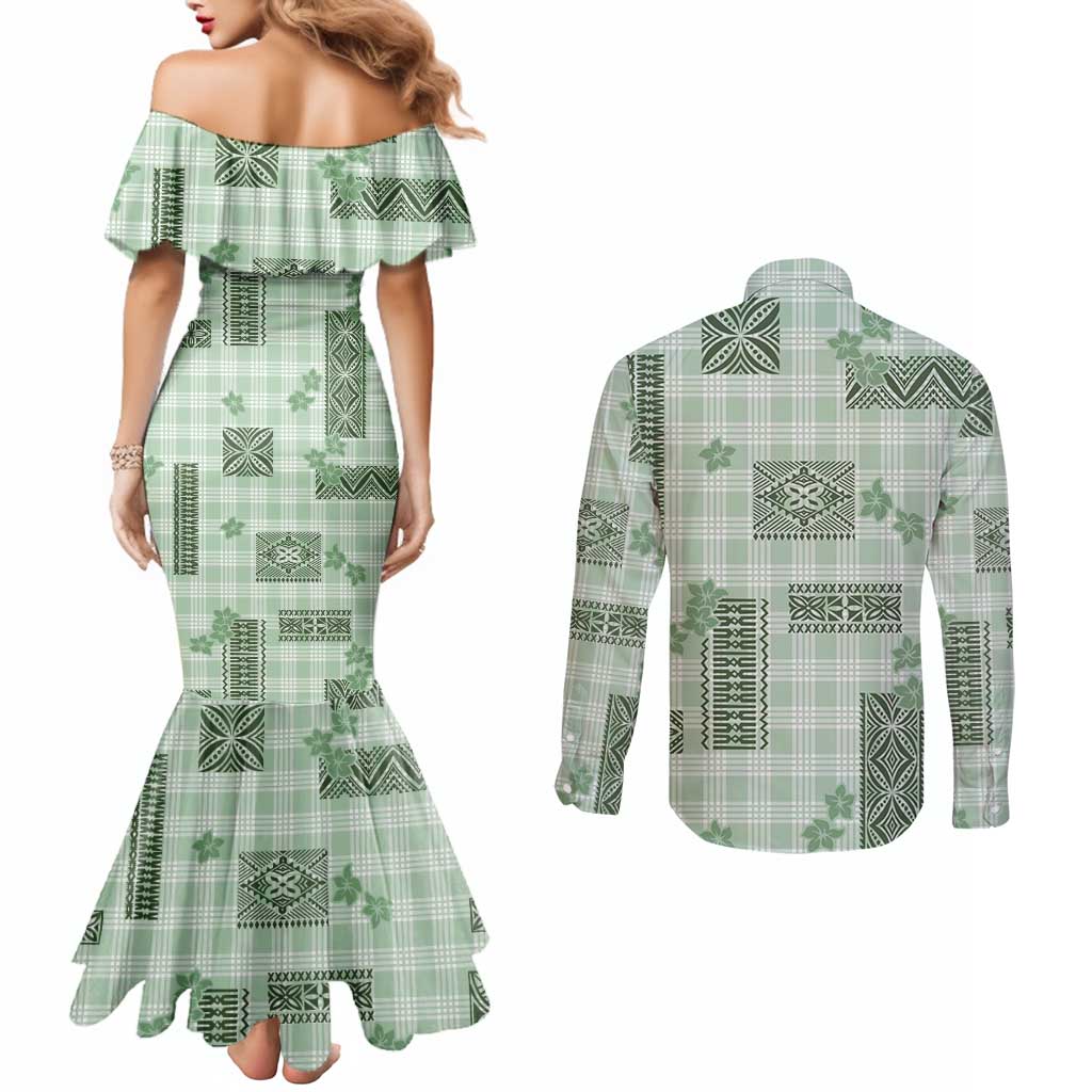 Hawaiian Quilt Tapa On Pastel Mint Palaka Motifs Couples Matching Mermaid Dress and Long Sleeve Button Shirt LT7 - Polynesian Pride