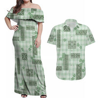 Hawaiian Quilt Tapa On Pastel Mint Palaka Motifs Couples Matching Off Shoulder Maxi Dress and Hawaiian Shirt LT7 Mint - Polynesian Pride