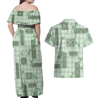 Hawaiian Quilt Tapa On Pastel Mint Palaka Motifs Couples Matching Off Shoulder Maxi Dress and Hawaiian Shirt LT7 - Polynesian Pride