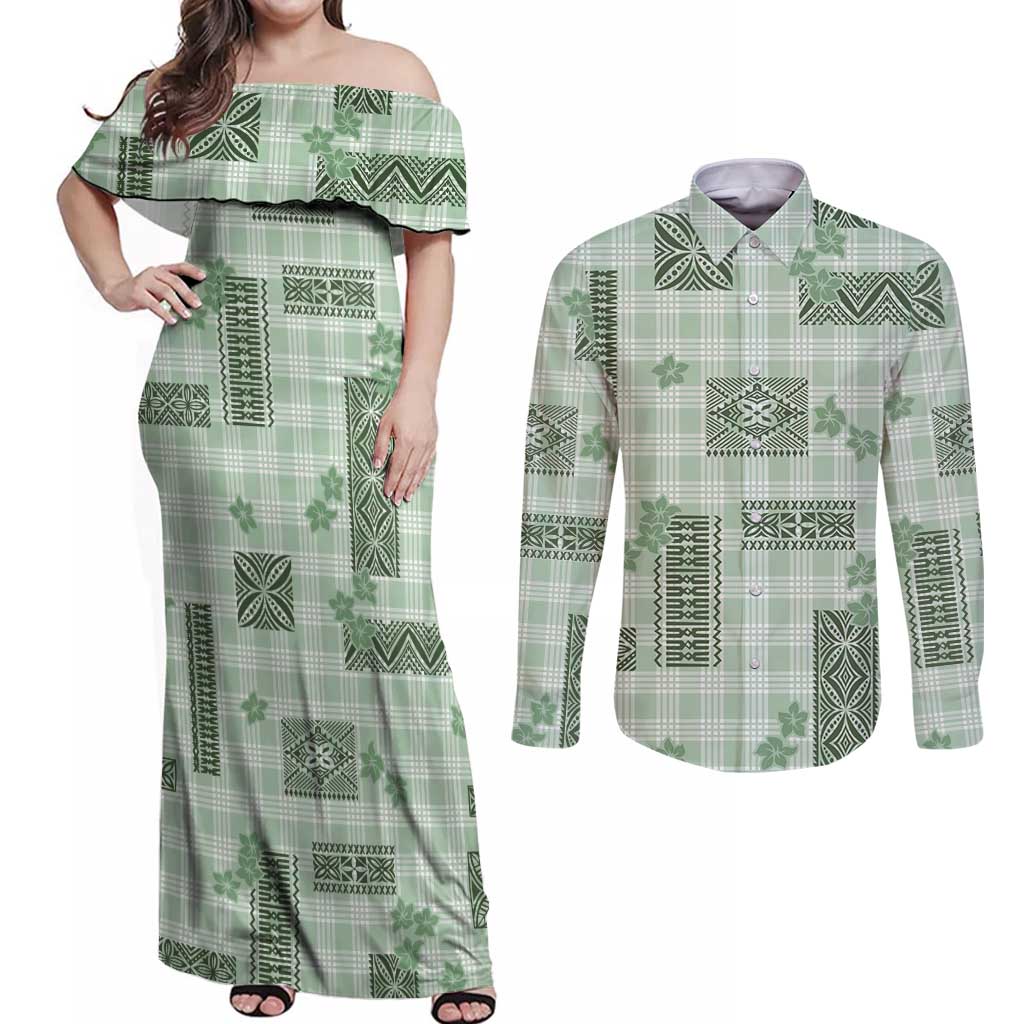 Hawaiian Quilt Tapa On Pastel Mint Palaka Motifs Couples Matching Off Shoulder Maxi Dress and Long Sleeve Button Shirt LT7 Mint - Polynesian Pride