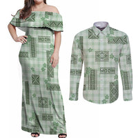 Hawaiian Quilt Tapa On Pastel Mint Palaka Motifs Couples Matching Off Shoulder Maxi Dress and Long Sleeve Button Shirt LT7 Mint - Polynesian Pride
