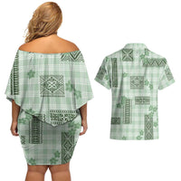 Hawaiian Quilt Tapa On Pastel Mint Palaka Motifs Couples Matching Off Shoulder Short Dress and Hawaiian Shirt LT7 - Polynesian Pride