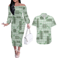 Hawaiian Quilt Tapa On Pastel Mint Palaka Motifs Couples Matching Off The Shoulder Long Sleeve Dress and Hawaiian Shirt