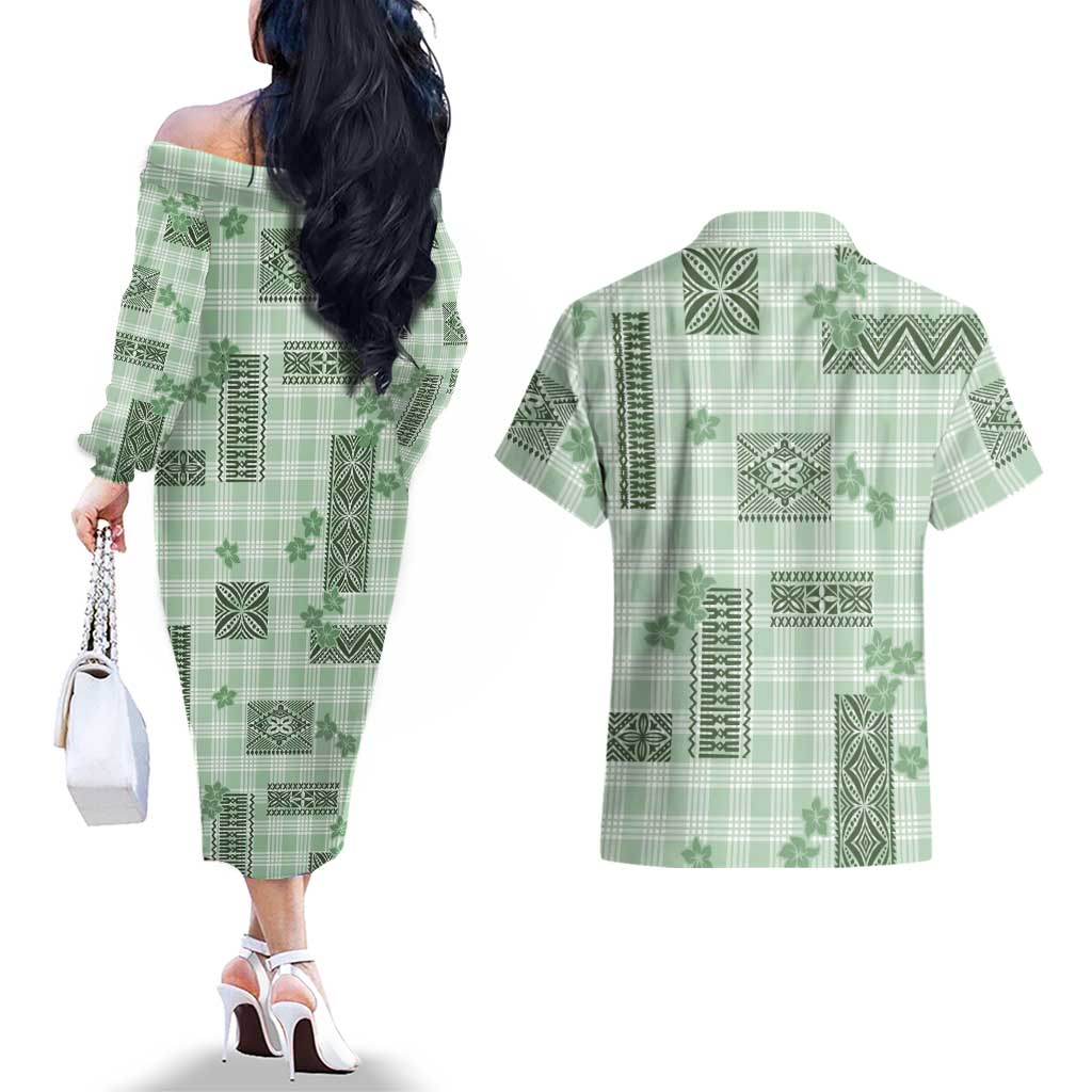 Hawaiian Quilt Tapa On Pastel Mint Palaka Motifs Couples Matching Off The Shoulder Long Sleeve Dress and Hawaiian Shirt