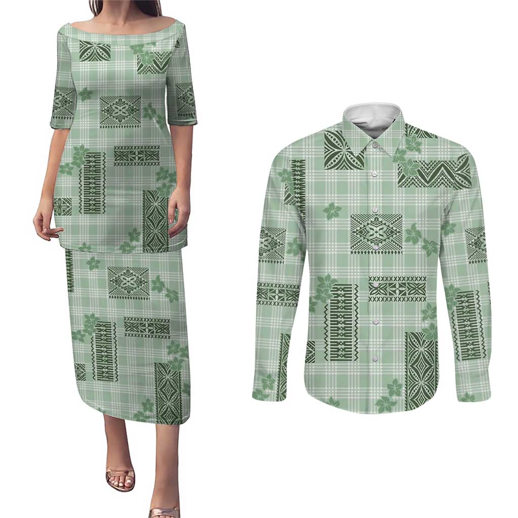 Hawaiian Quilt Tapa On Pastel Mint Palaka Motifs Couples Matching Puletasi and Long Sleeve Button Shirt LT7 Mint - Polynesian Pride