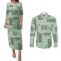 Hawaiian Quilt Tapa On Pastel Mint Palaka Motifs Couples Matching Puletasi and Long Sleeve Button Shirt LT7 Mint - Polynesian Pride