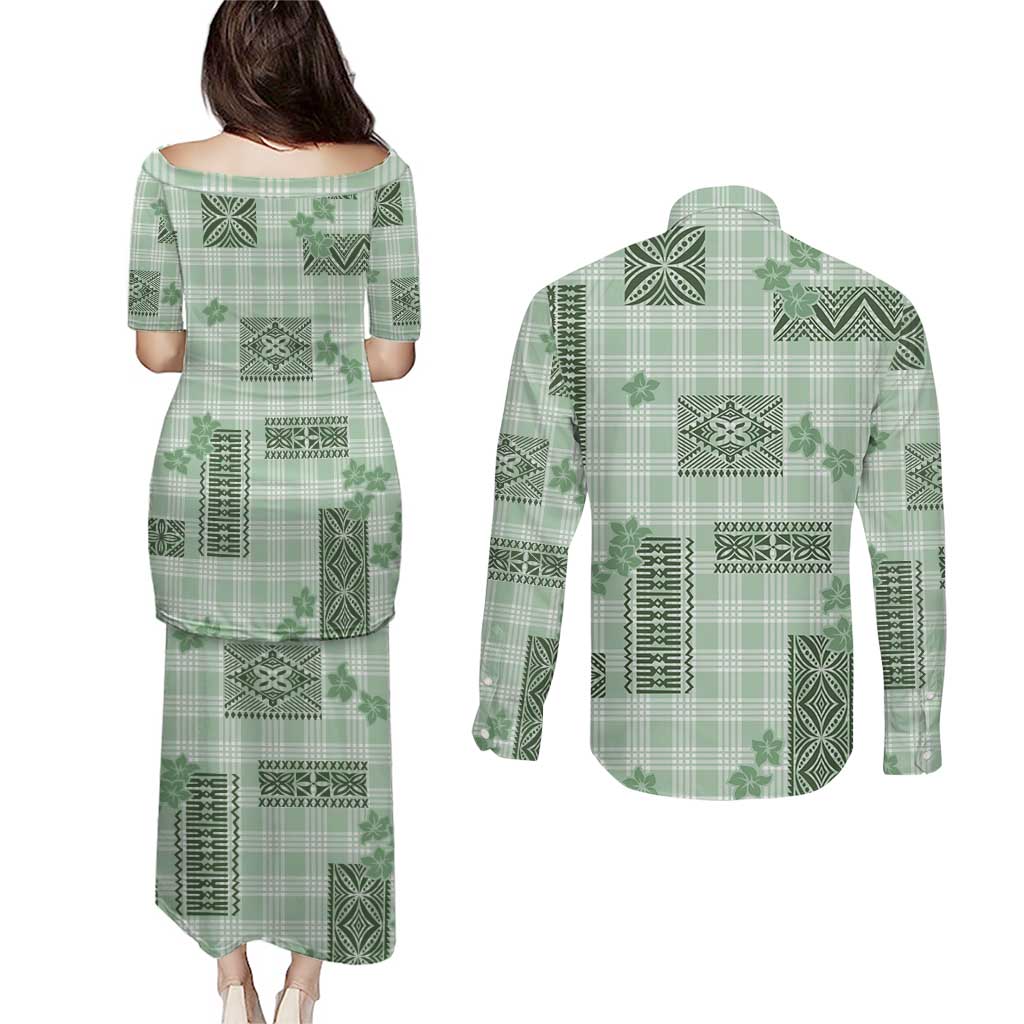 Hawaiian Quilt Tapa On Pastel Mint Palaka Motifs Couples Matching Puletasi and Long Sleeve Button Shirt LT7 - Polynesian Pride