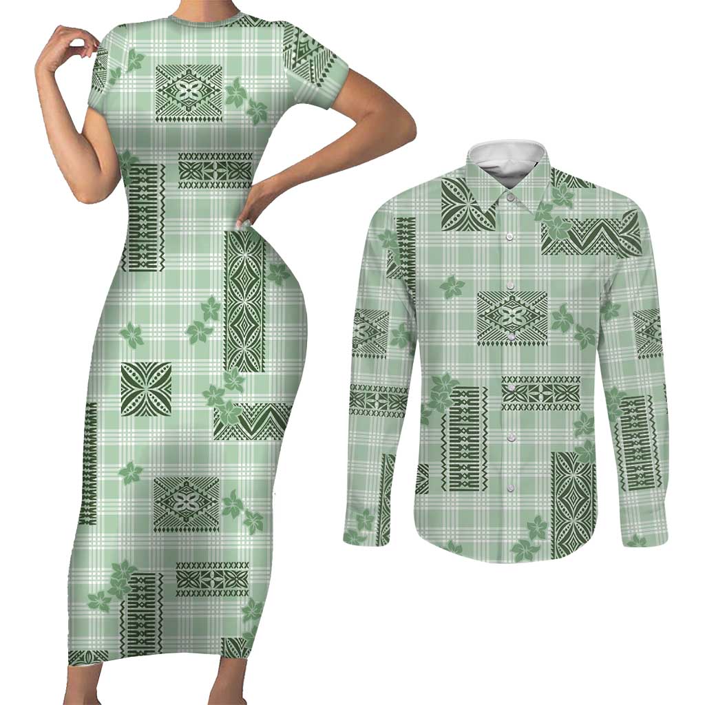 Hawaiian Quilt Tapa On Pastel Mint Palaka Motifs Couples Matching Short Sleeve Bodycon Dress and Long Sleeve Button Shirt LT7 Mint - Polynesian Pride