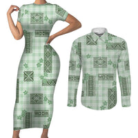 Hawaiian Quilt Tapa On Pastel Mint Palaka Motifs Couples Matching Short Sleeve Bodycon Dress and Long Sleeve Button Shirt LT7 Mint - Polynesian Pride