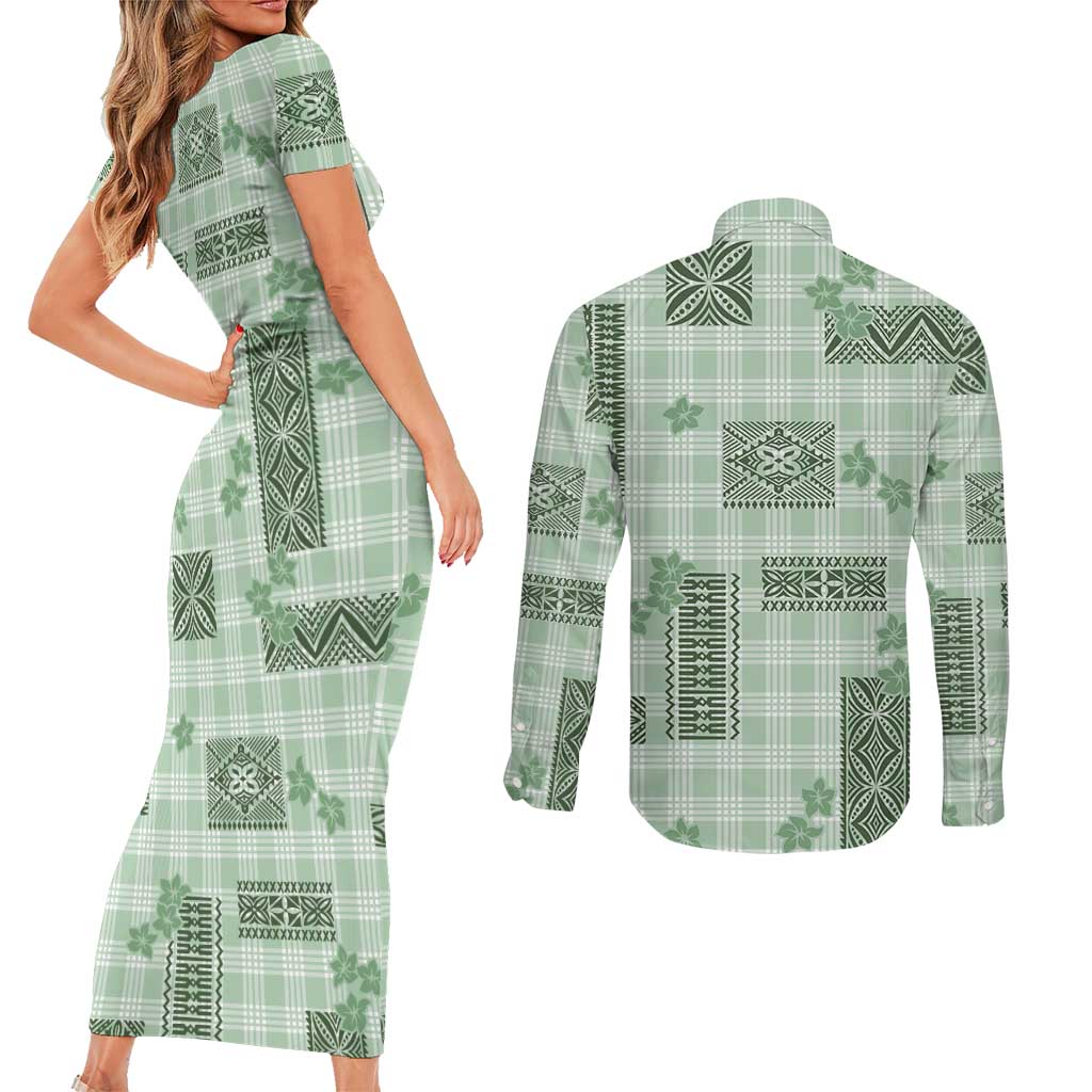 Hawaiian Quilt Tapa On Pastel Mint Palaka Motifs Couples Matching Short Sleeve Bodycon Dress and Long Sleeve Button Shirt LT7 - Polynesian Pride