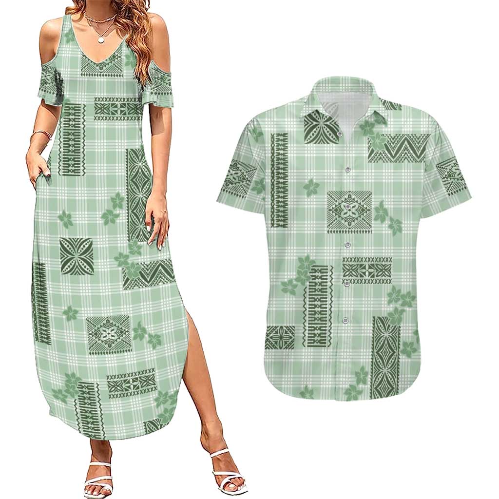 Hawaiian Quilt Tapa On Pastel Mint Palaka Motifs Couples Matching Summer Maxi Dress and Hawaiian Shirt LT7 Mint - Polynesian Pride