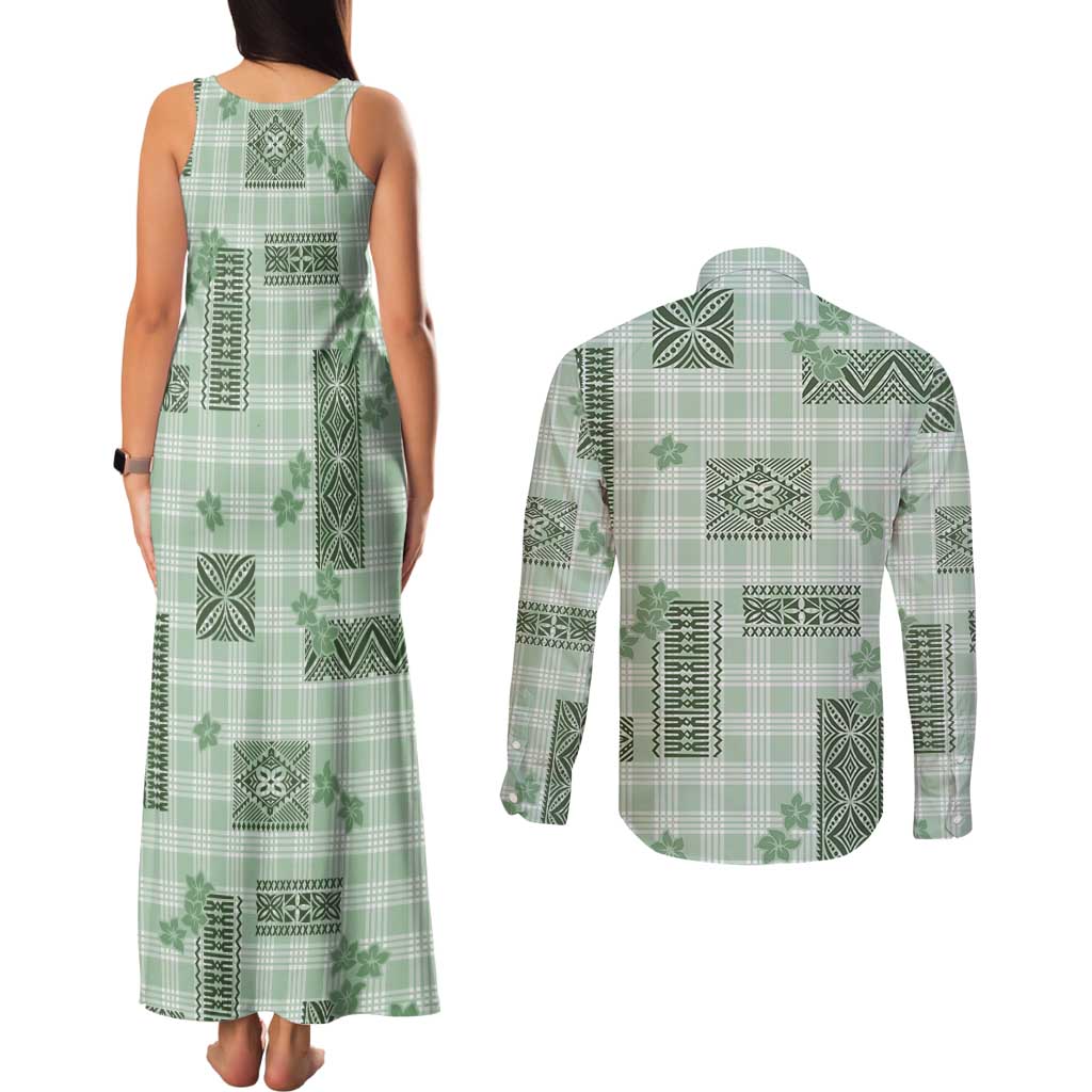 Hawaiian Quilt Tapa On Pastel Mint Palaka Motifs Couples Matching Tank Maxi Dress and Long Sleeve Button Shirt LT7 - Polynesian Pride
