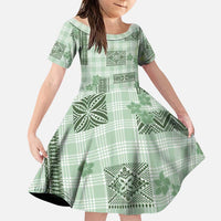 Hawaiian Quilt Tapa On Pastel Mint Palaka Motifs Family Matching Long Sleeve Bodycon Dress and Hawaiian Shirt LT7 Daughter's Dress Mint - Polynesian Pride