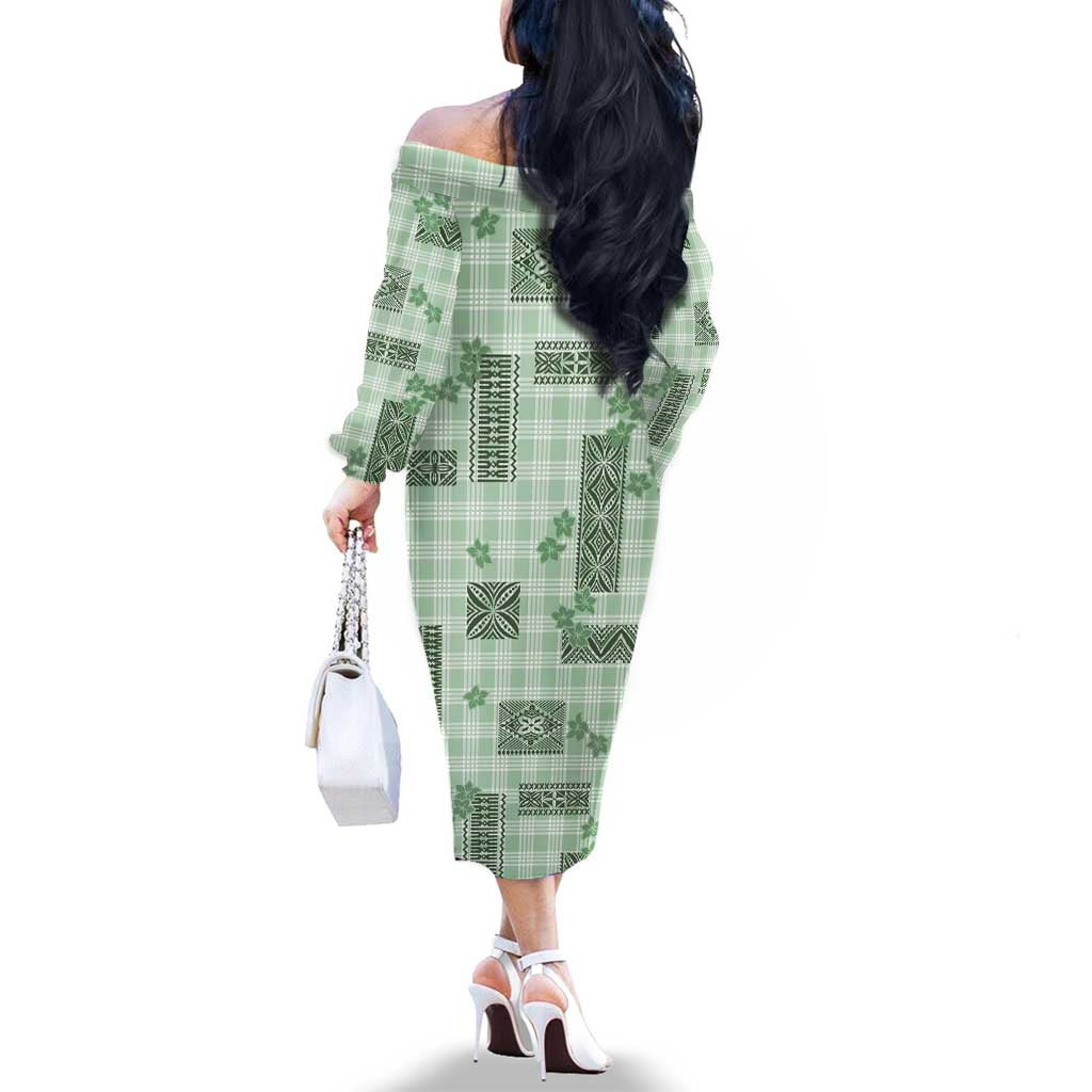 Hawaiian Quilt Tapa On Pastel Mint Palaka Motifs Family Matching Off The Shoulder Long Sleeve Dress and Hawaiian Shirt LT7 - Polynesian Pride