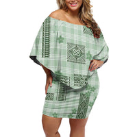 Hawaiian Quilt Tapa On Pastel Mint Palaka Motifs Family Matching Off Shoulder Short Dress and Hawaiian Shirt LT7 Mom's Dress Mint - Polynesian Pride