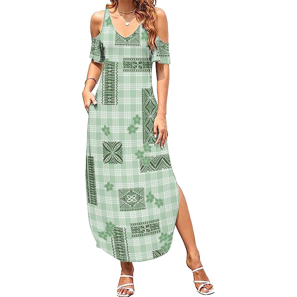 Hawaiian Quilt Tapa On Pastel Mint Palaka Motifs Family Matching Summer Maxi Dress and Hawaiian Shirt