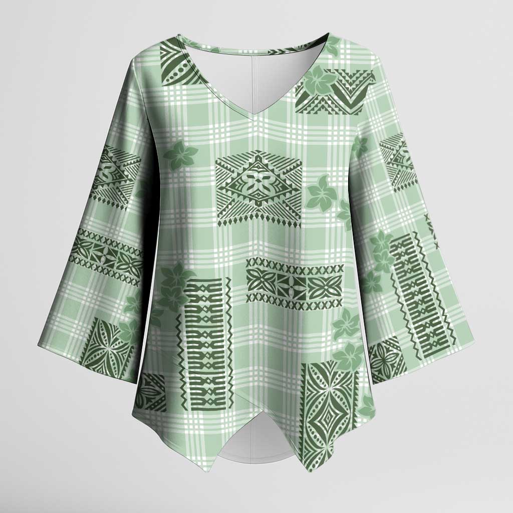 Hawaiian Quilt Tapa On Pastel Mint Palaka Motifs Kimono Sleeve Blouse LT7 Female Mint - Polynesian Pride