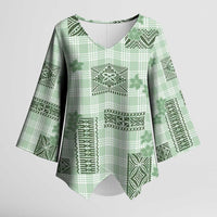 Hawaiian Quilt Tapa On Pastel Mint Palaka Motifs Kimono Sleeve Blouse LT7 Female Mint - Polynesian Pride