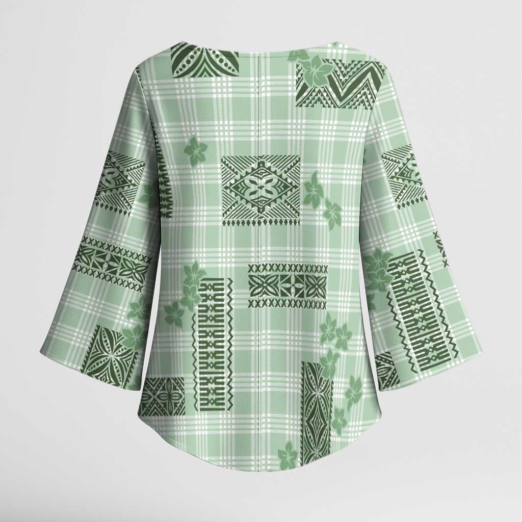 Hawaiian Quilt Tapa On Pastel Mint Palaka Motifs Kimono Sleeve Blouse LT7 - Polynesian Pride