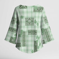 Hawaiian Quilt Tapa On Pastel Mint Palaka Motifs Kimono Sleeve Blouse LT7 - Polynesian Pride