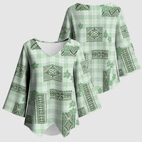 Hawaiian Quilt Tapa On Pastel Mint Palaka Motifs Kimono Sleeve Blouse LT7 - Polynesian Pride