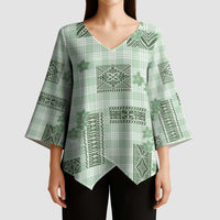Hawaiian Quilt Tapa On Pastel Mint Palaka Motifs Kimono Sleeve Blouse LT7 - Polynesian Pride