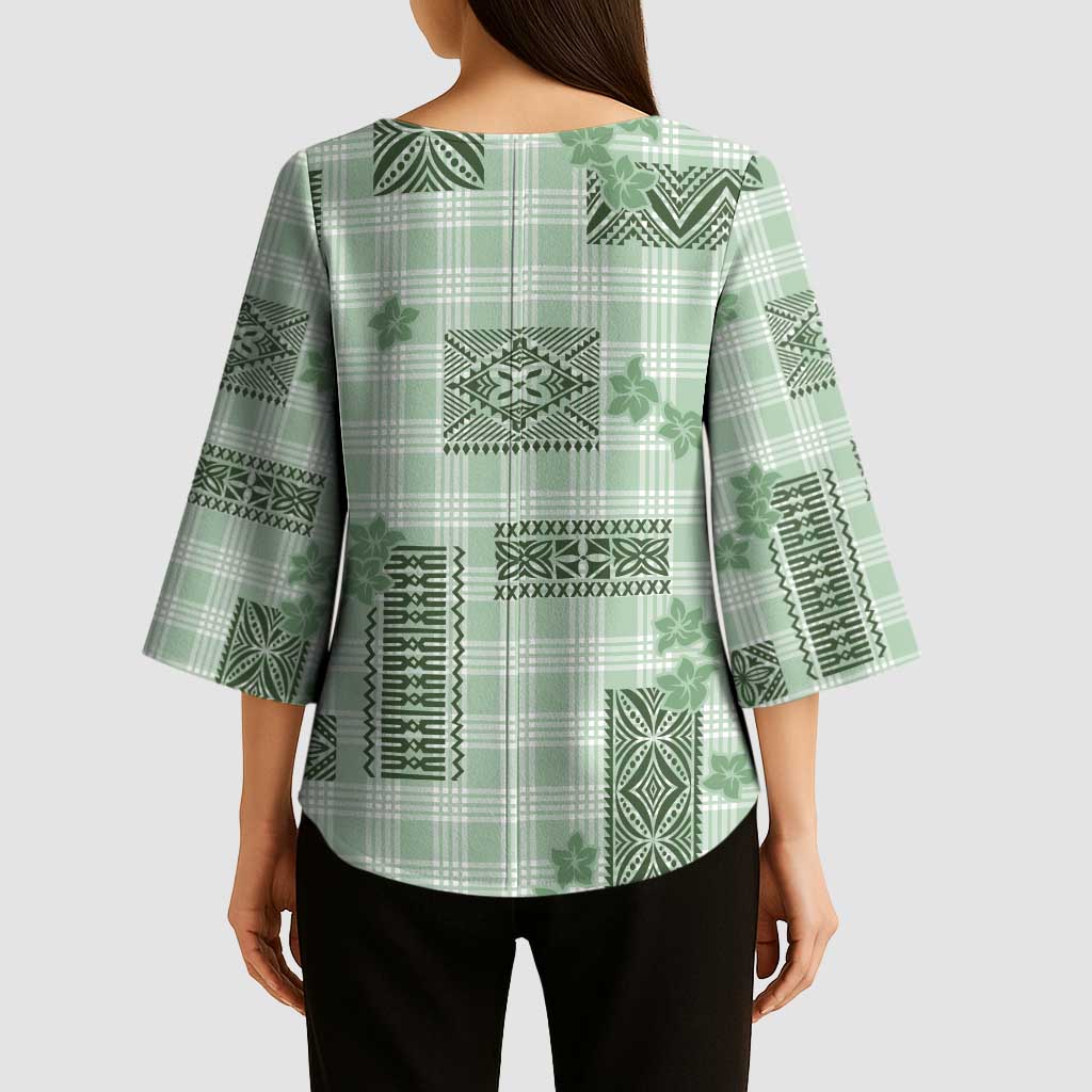 Hawaiian Quilt Tapa On Pastel Mint Palaka Motifs Kimono Sleeve Blouse LT7 - Polynesian Pride