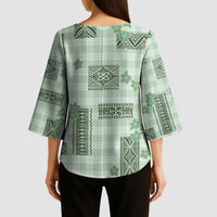 Hawaiian Quilt Tapa On Pastel Mint Palaka Motifs Kimono Sleeve Blouse LT7 - Polynesian Pride