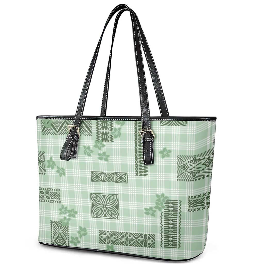 Hawaiian Quilt Tapa On Pastel Mint Palaka Motifs Leather Tote Bag