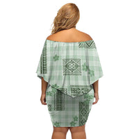 Hawaiian Quilt Tapa On Pastel Mint Palaka Motifs Off Shoulder Short Dress