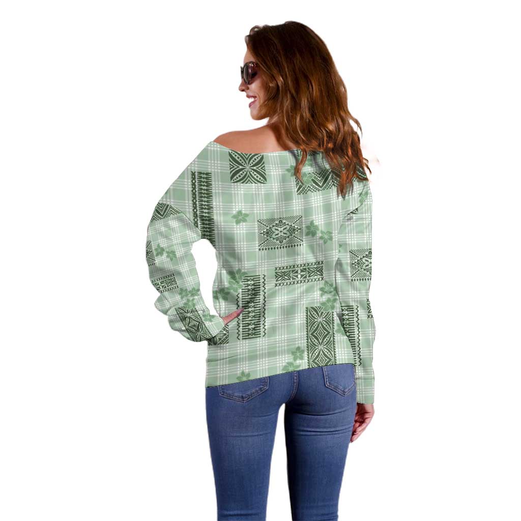 Hawaiian Quilt Tapa On Pastel Mint Palaka Motifs Off Shoulder Sweater