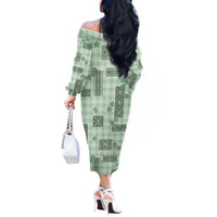 Hawaiian Quilt Tapa On Pastel Mint Palaka Motifs Off The Shoulder Long Sleeve Dress LT7 - Polynesian Pride