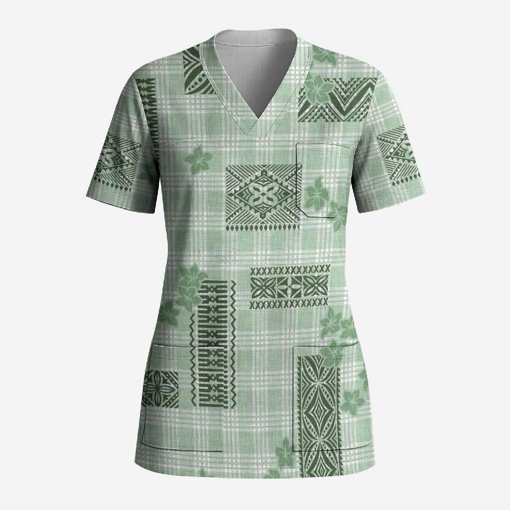Hawaiian Quilt Tapa On Pastel Mint Palaka Motifs Scrub Top