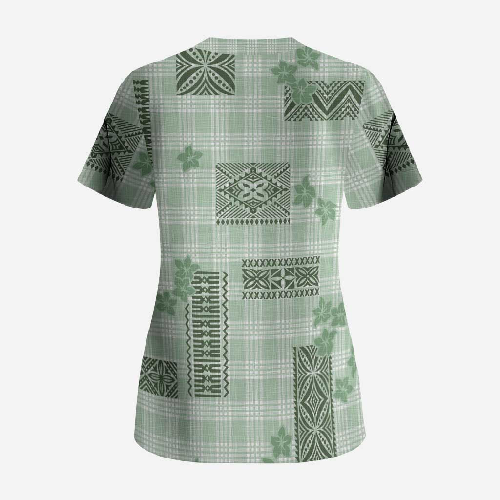 Hawaiian Quilt Tapa On Pastel Mint Palaka Motifs Scrub Top