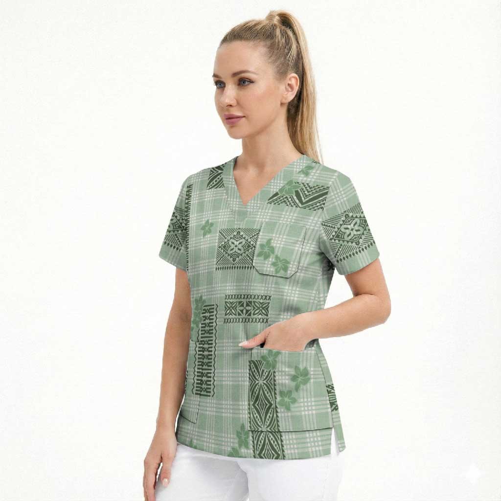 Hawaiian Quilt Tapa On Pastel Mint Palaka Motifs Scrub Top