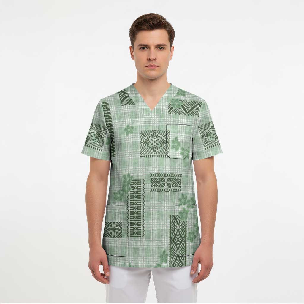 Hawaiian Quilt Tapa On Pastel Mint Palaka Motifs Scrub Top