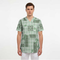 Hawaiian Quilt Tapa On Pastel Mint Palaka Motifs Scrub Top