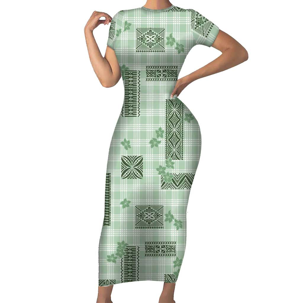 Hawaiian Quilt Tapa On Pastel Mint Palaka Motifs Short Sleeve Bodycon Dress LT7 Long Dress Mint - Polynesian Pride