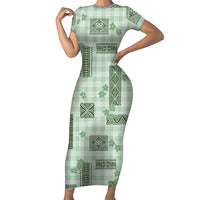 Hawaiian Quilt Tapa On Pastel Mint Palaka Motifs Short Sleeve Bodycon Dress LT7 Long Dress Mint - Polynesian Pride