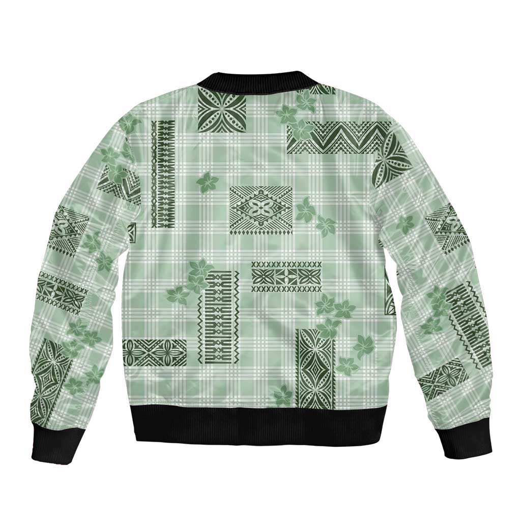 Hawaiian Quilt Tapa On Pastel Mint Palaka Motifs Sleeve Zip Bomber Jacket