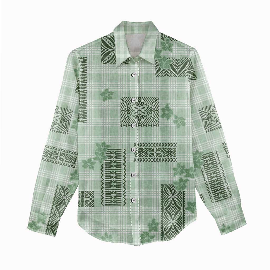 Hawaiian Quilt Tapa On Pastel Mint Palaka Motifs Women Casual Shirt LT7 - Polynesian Pride