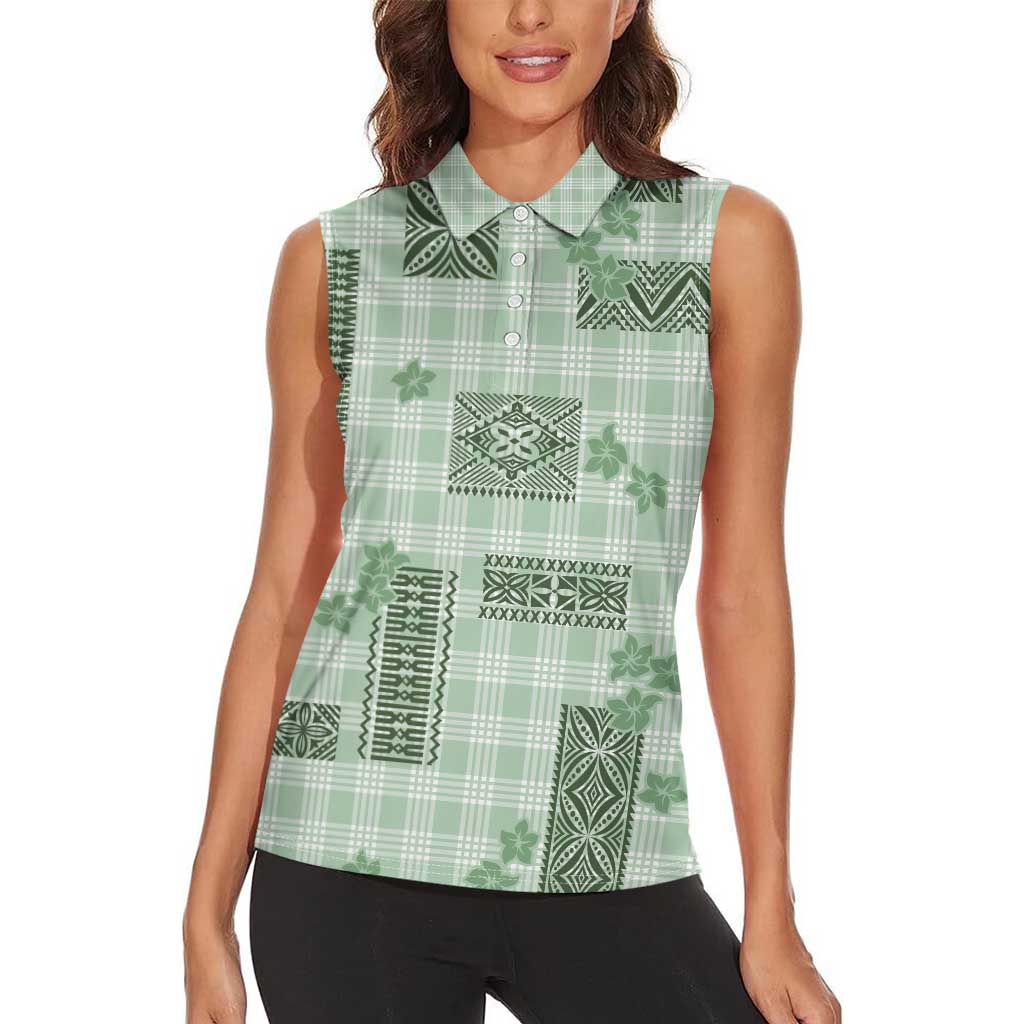 Hawaiian Quilt Tapa On Pastel Mint Palaka Motifs Women Sleeveless Polo Shirt LT7 - Polynesian Pride