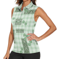 Hawaiian Quilt Tapa On Pastel Mint Palaka Motifs Women Sleeveless Polo Shirt LT7 - Polynesian Pride