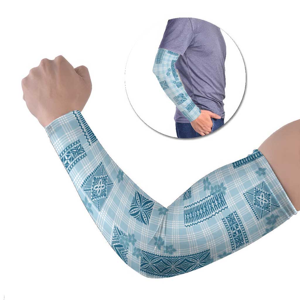 Hawaiian Quilt Tapa On Cold Blue Palaka Motifs Arm Sleeves LT7 Set of 2 Azure - Polynesian Pride