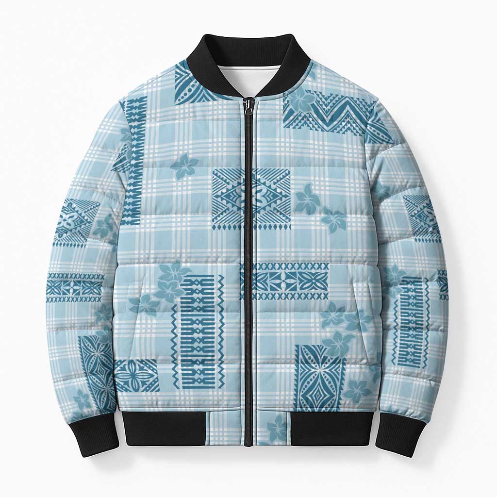 Hawaiian Quilt Tapa On Cold Blue Palaka Motifs Bomber Puffer Jacket