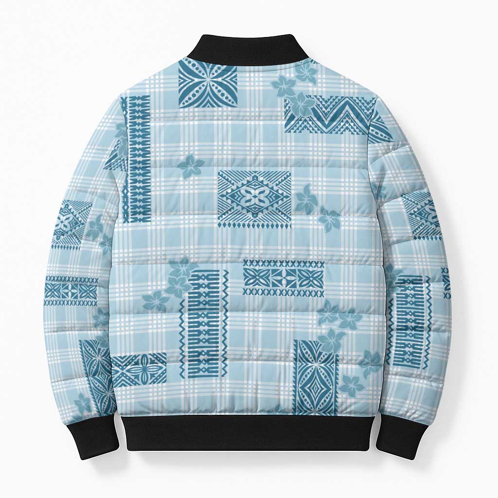 Hawaiian Quilt Tapa On Cold Blue Palaka Motifs Bomber Puffer Jacket