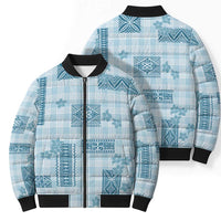 Hawaiian Quilt Tapa On Cold Blue Palaka Motifs Bomber Puffer Jacket
